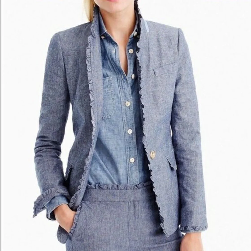 J.Crew Regent Chambray Ruffle Blazer - Picture 1 of 7